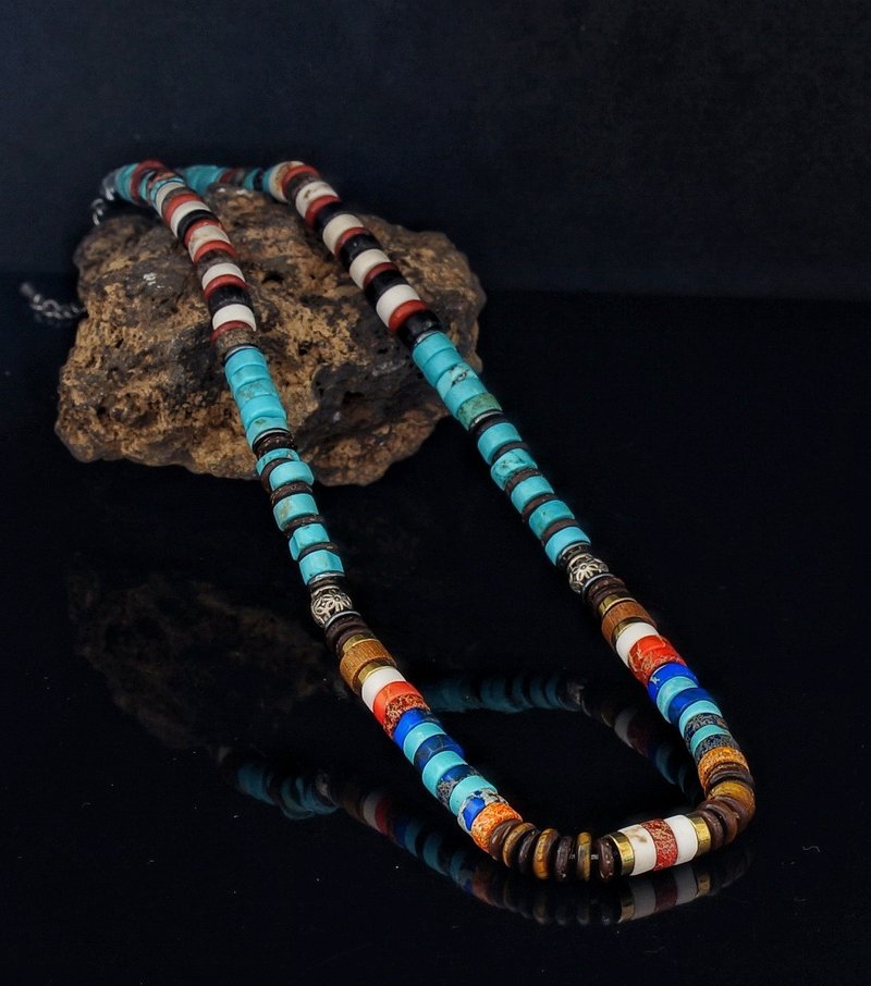 Turquoise Heishi 6mm Choker with Hematite and wood beads - Necklaces - Gemstone 