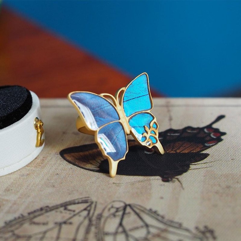 モルフォ蝶の大きなアンティークリング - リング - 金属 ブルー