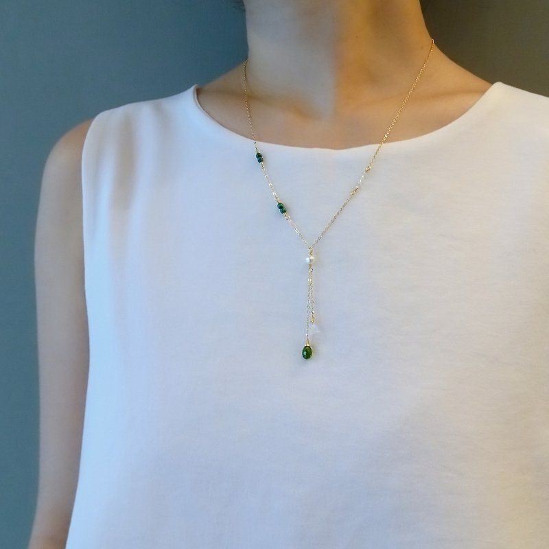 Chrome Diopside, Moonstone Faceted Teardrop Briolettes Dainty 14K GF Y Necklace - Necklaces - Semi-Precious Stones Green