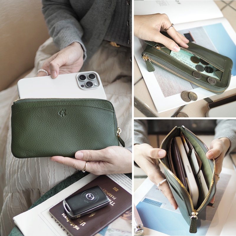 Doona (Moss green): Long wallet, zip wallet, soft cow leather, Slim , Dark green - 錢包/皮夾/長短夾 - 真皮 綠色