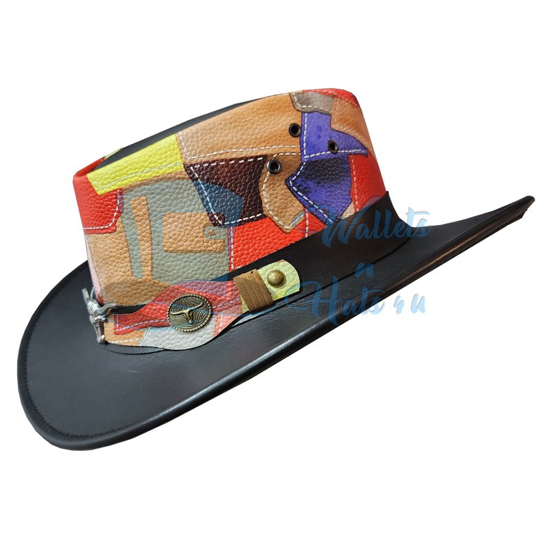 Patchwork Cowboy Leather Hat – Handmade Colorful Western Festival Hat - Hats & Caps - Genuine Leather Black