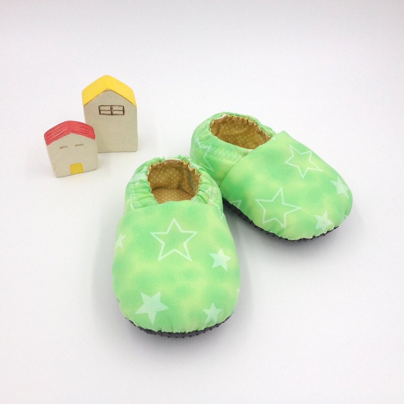 HBS手作り人形の靴 - 蛍光緑の星 - キッズシューズ - コットン・麻 グリーン