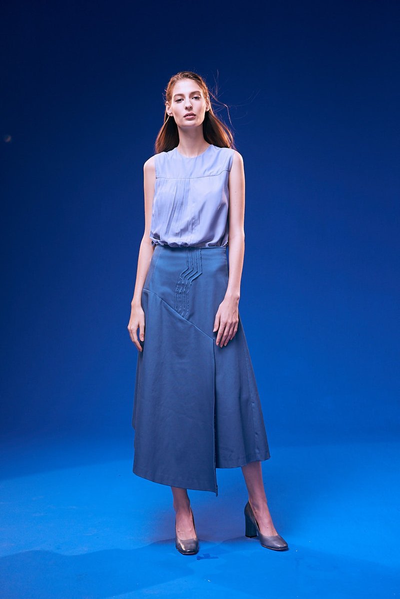 Off-season sale Peacock Blue Panel Dress - กระโปรง - ผ้าฝ้าย/ผ้าลินิน สีน้ำเงิน