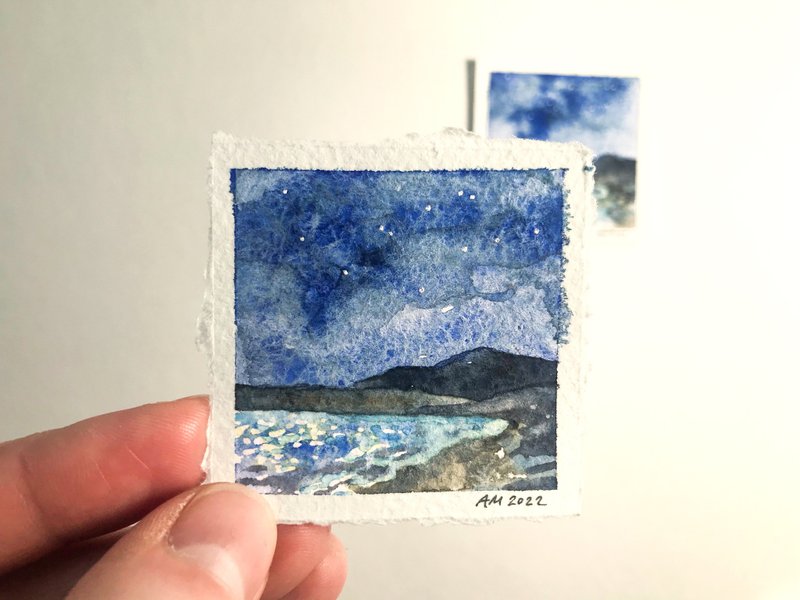 オリジナルの小さな水彩画アート 海のミニチュア絵画 海景アート 2 x 2 インチ - ウォールデコ・壁紙 - 紙 ピンク