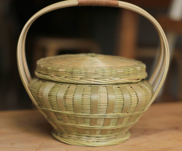 古民具手編み籠大と小セット 竹編みシリーズ | 蓋付きの小さなポータブル竹バスケット、自然