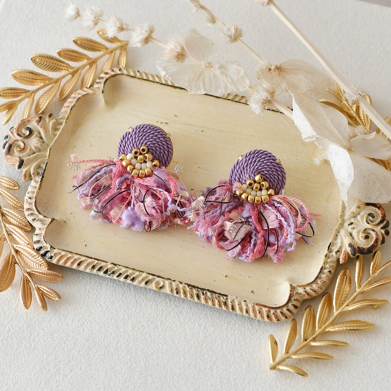 イヤリング/String tassel earrings /Pink Purple - 耳環/耳夾/耳骨夾 - 其他材質 紫色