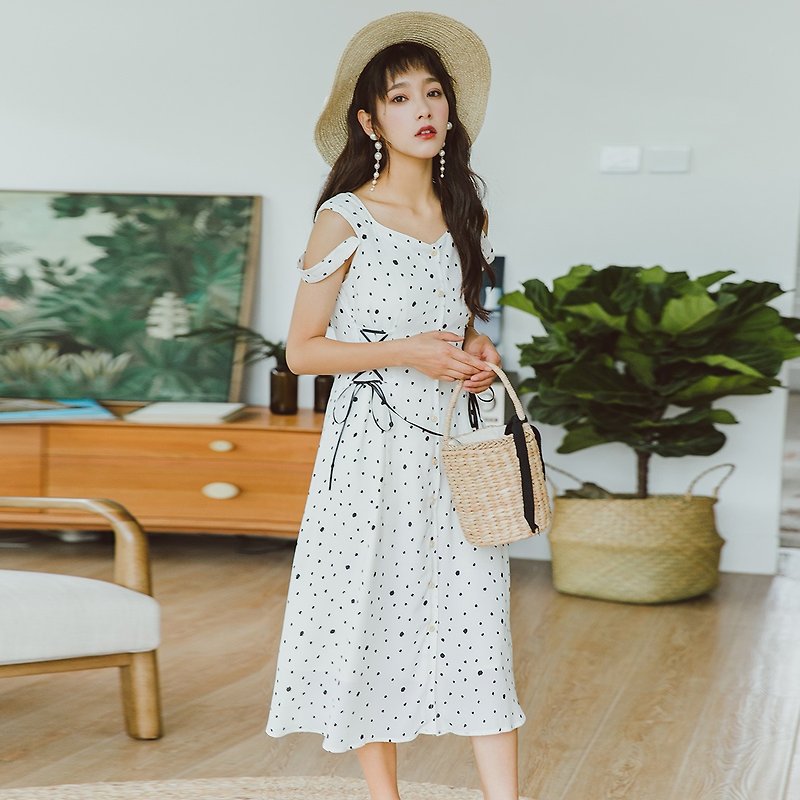 Anne Chen new literary women's size polka dot dress dress 8550 - ชุดเดรส - วัสดุอื่นๆ ขาว