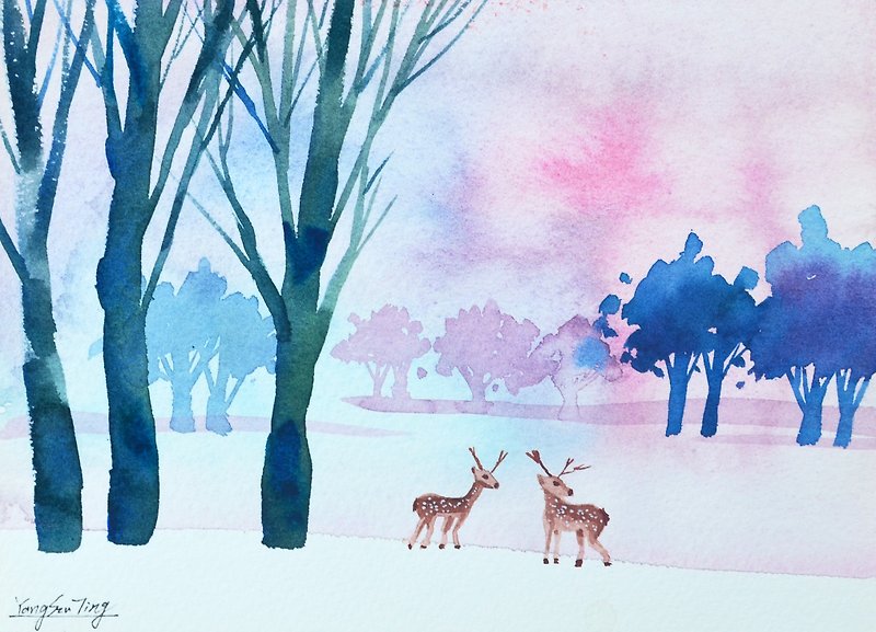 療癒系樹林系列b7-水彩手繪限量版明信片/聖誕卡 - 心意卡/卡片 - 紙 藍色