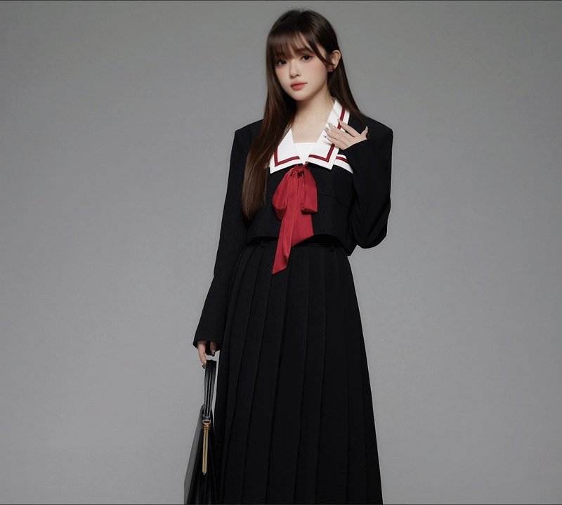 French retro Showa Bessini pleated long skirt bow tie suit - Skirts - Other Materials Black