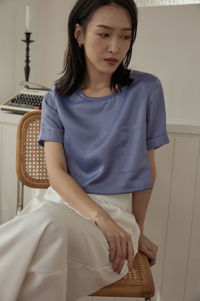 [Brand original] Allie satin turned-sleeve slim fit blouse purple and blue - Women's Tops - Other Man-Made Fibers Blue