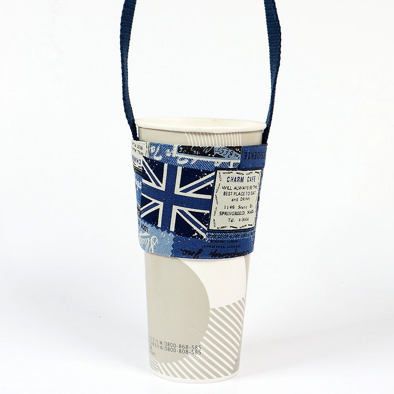 ドリンクカップセットグリーンカップセットバッグ - カウボーイイギリス国旗（青） - ドリンクホルダー - コットン・麻 ブルー