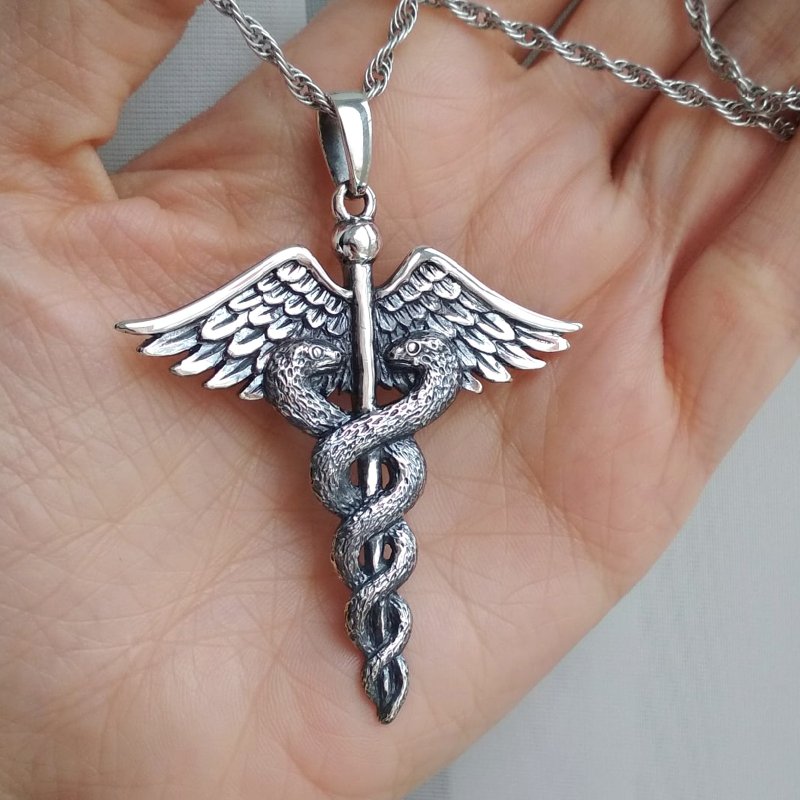 Big Caduceus Pendant.Medical Pendant.Caduceus Charm.Medical Charm.Caduceus. - 項鍊 - 純銀 銀色