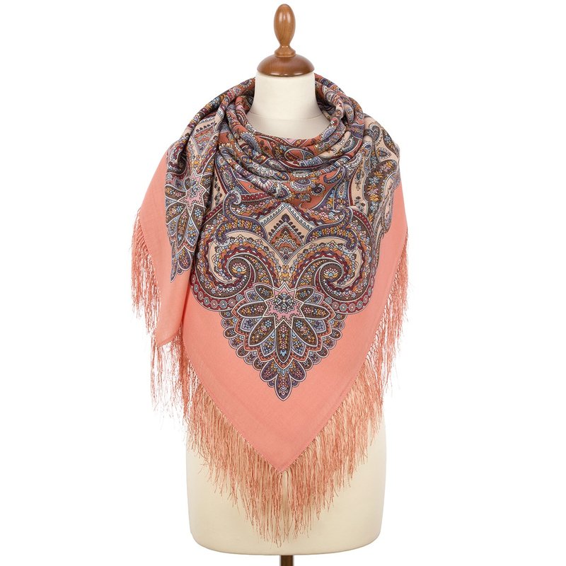 Pavlovo Posad Russian Shawl 100% Wool Scarf 125x125 cm Wrap Silk Fringe 1921-3 - 絲巾 - 羊毛 粉紅色