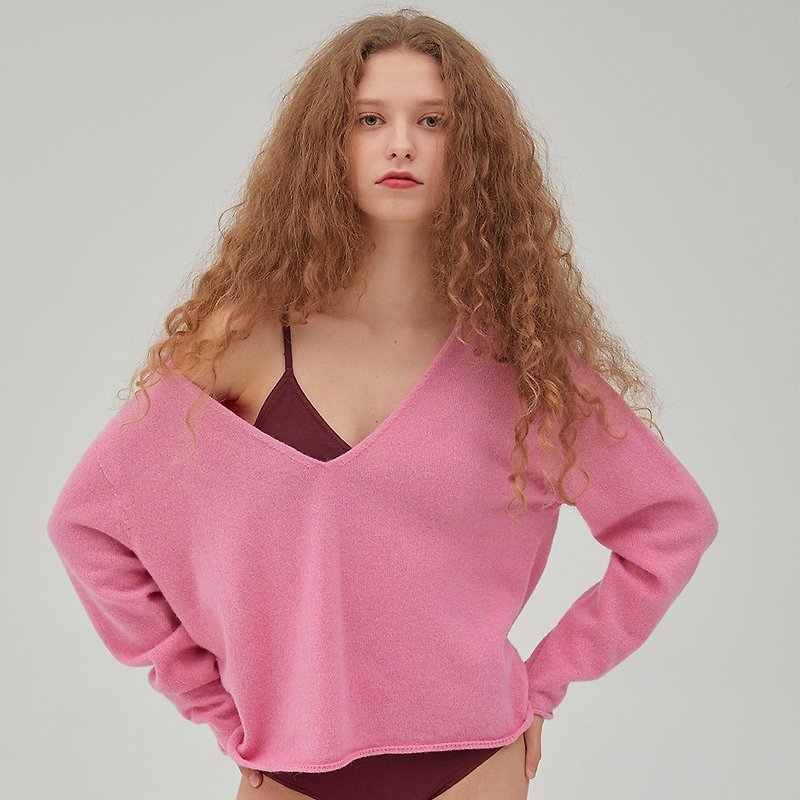 V-neck Knit Pullover - Pink - สเวตเตอร์ผู้หญิง - ขนแกะ สึชมพู