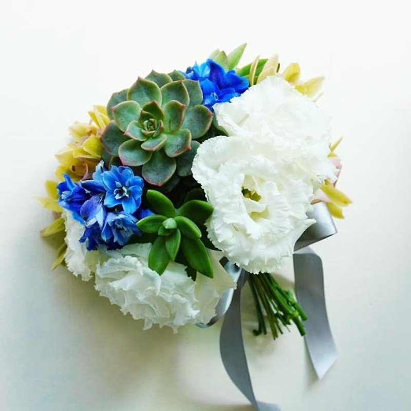 客製新娘捧花胸花手腕花多肉植物設計(清秀佳人風格) - 乾燥花/永生花 - 植物．花 藍色