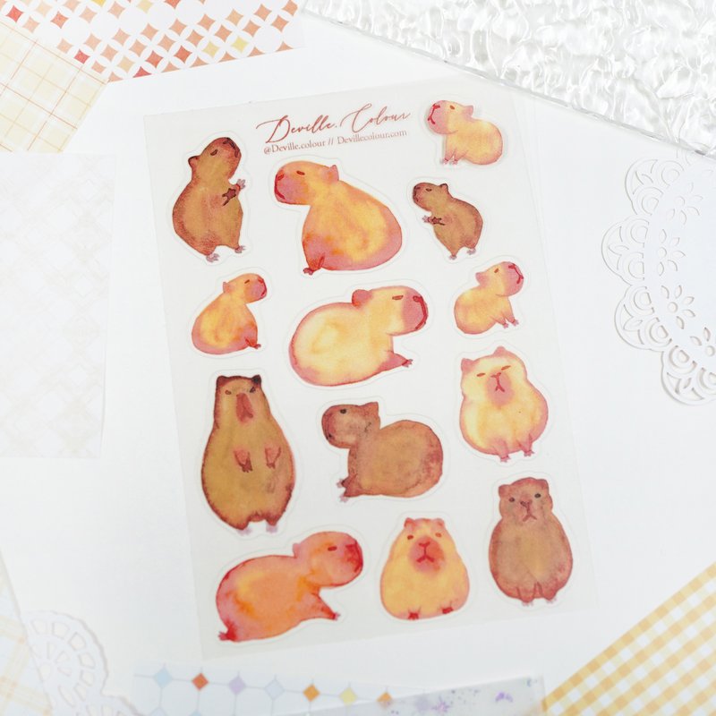 【Burnt Capybara】 PET White Ink Sticker Sheet - สติกเกอร์ - พลาสติก สีนำ้ตาล