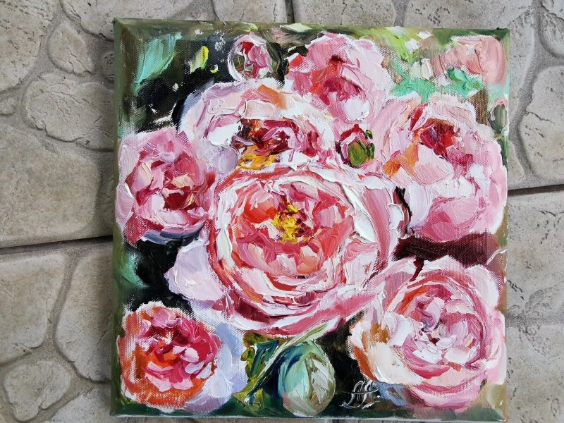 Pink peony miniature Pink flowers painting, Peonies painting original on canvas - ตกแต่งผนัง - วัสดุอื่นๆ สีแดง