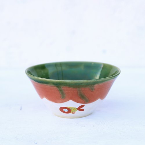 春信工房JAPAN 織部釉と赤い金魚絵のbowl・イエロー