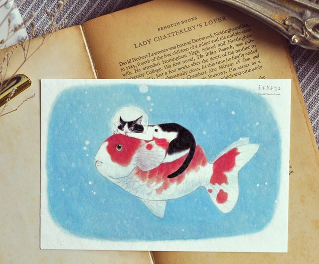 手描きイラスト猫はがき 金魚の夢の国 ショップ Bubucat Daividcookslove カード はがき Pinkoi