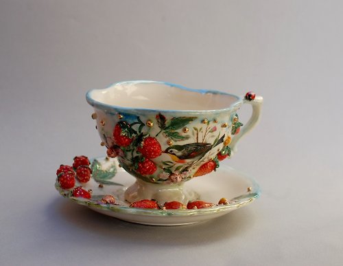 PorcelainShoppe Cup and saucer Handmade porcelain art tea set Raspberry birdie flowers decor