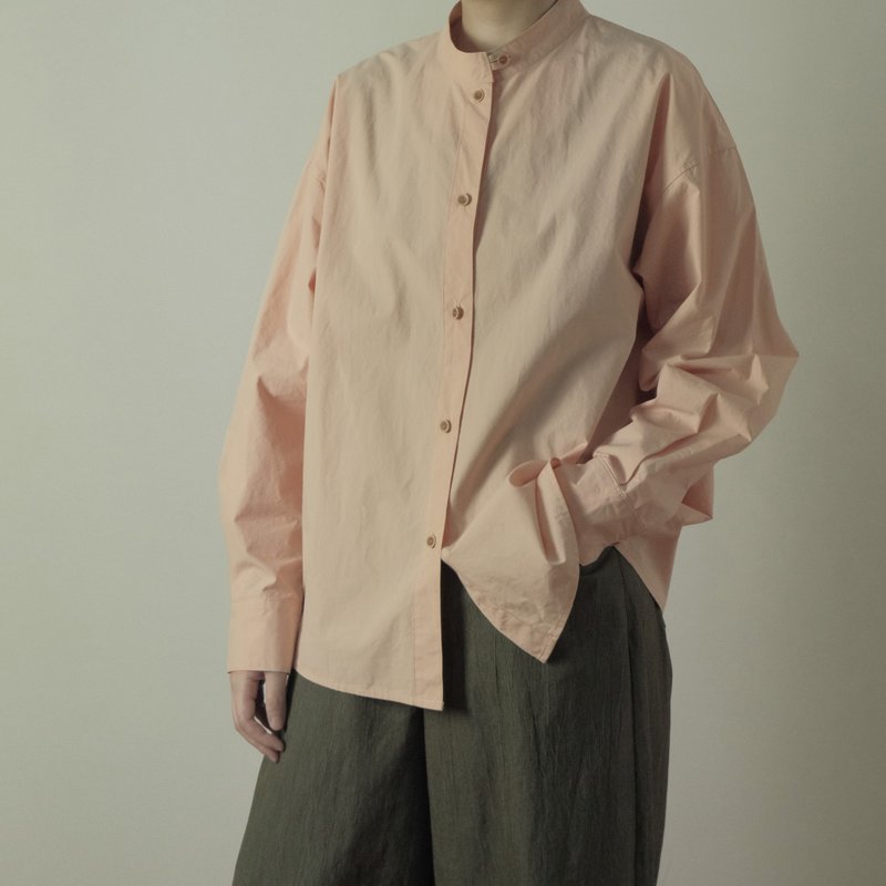 Autumn Stand Collar Minimalist Long Sleeve Shirt - Nude Pink - Women's Shirts - Other Materials Pink