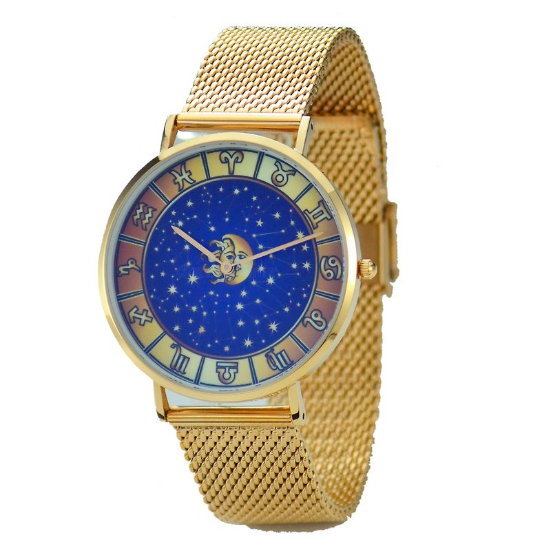 經典簡約 12 星座盤手錶配織網鋼帶 全球免運 - 男錶/中性錶 - 不鏽鋼 卡其色