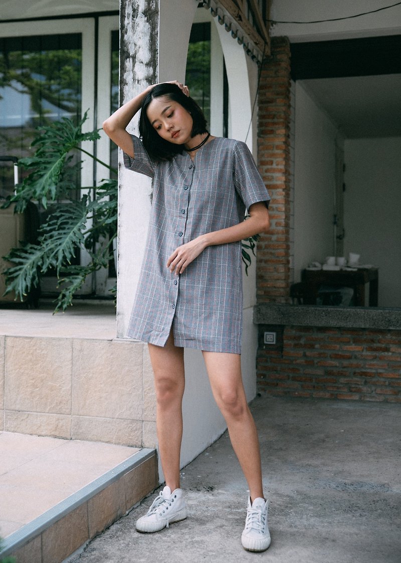 WARM GREY CHECK PLAID V NECK BUTTON FRONT DRESS - One Piece Dresses - Other Materials Gray