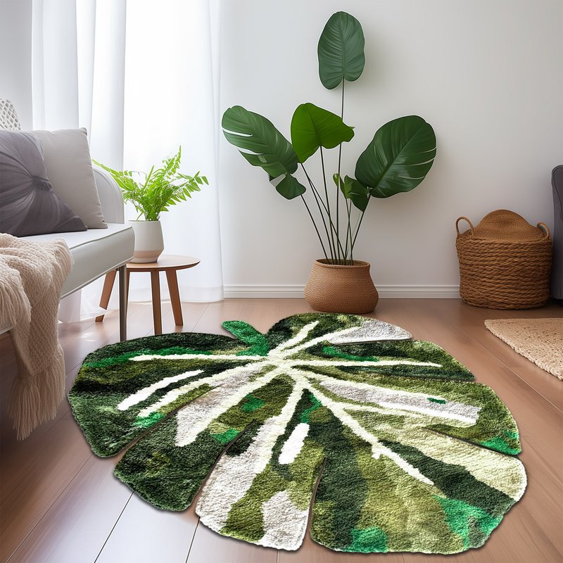 Monstera Leaf Tufted Bath Rug Cute Absorbent Non-slip Floor Mat Rug for Barhroom - พรมปูพื้น - เส้นใยสังเคราะห์ สีเขียว