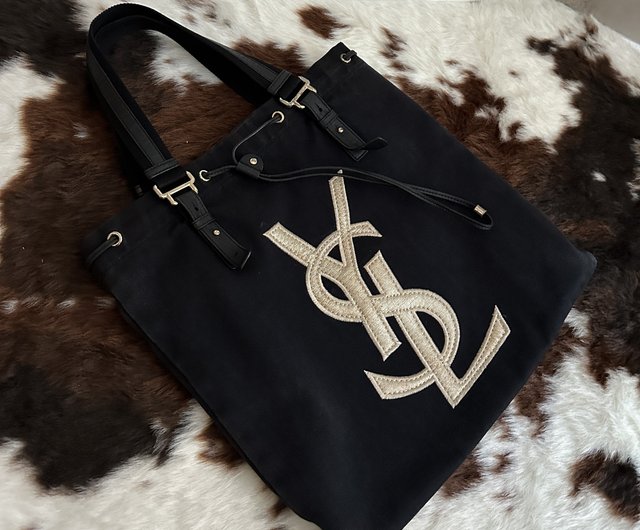 YSL サンローラン リヴ・ゴーシュ カハラ キャンバス 黒×紺 巾着トート