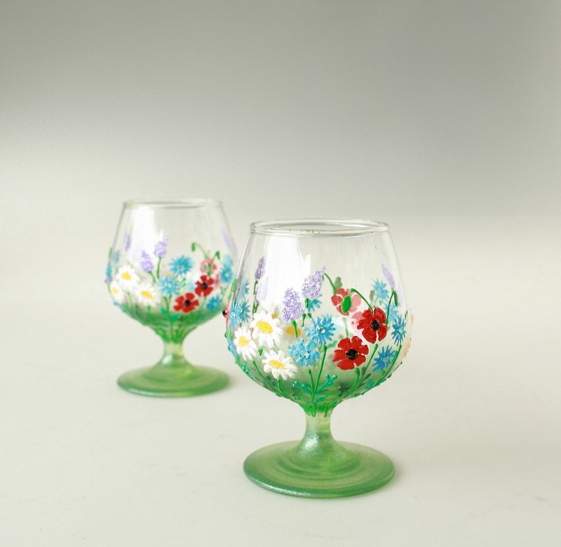 Brandy Whiskey Glasses Green  Hand Painted Wildflowers set of 2 - Bar Glasses & Drinkware - Glass Multicolor