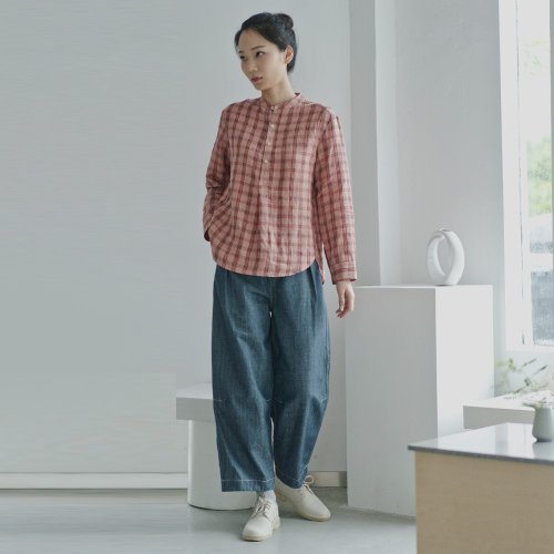 染め生地リネンレトロヘッジチェック柄シャツピンクオレンジ