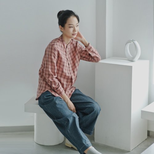 染め生地リネンレトロヘッジチェック柄シャツピンクオレンジ