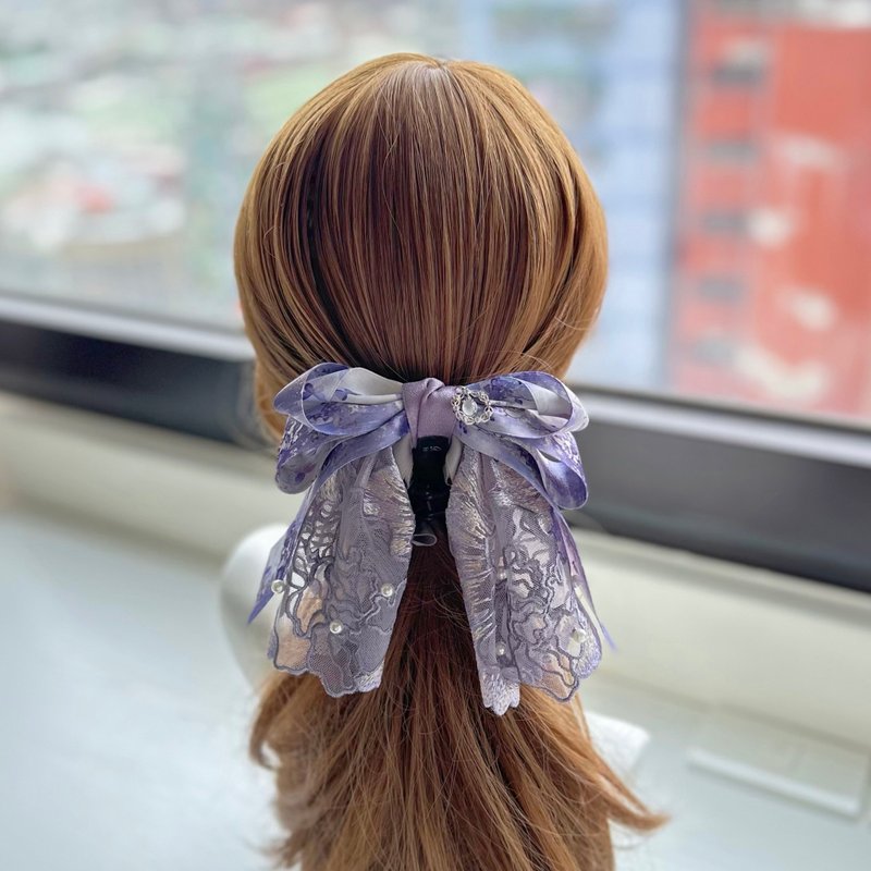 Grip Clip - Exclusive Lace Bow Shark Clip Hair Clip Hair Accessory - Purple Gray - Hair Accessories - Other Materials Purple