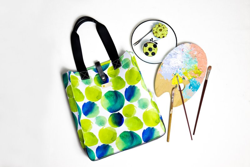 MR.STORE 自家制 纯手工 夏日水彩藍綠帆布休閑單肩包 - 手袋/手提包 - 真皮 綠色