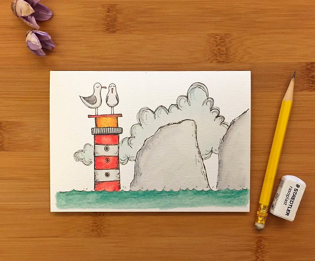 Sea Gull Sadneedlesシーガル灯台ユニバーサルカード手描きイラスト環境にやさしい紙輸入英国カード019 ショップ Little Difference カード はがき Pinkoi