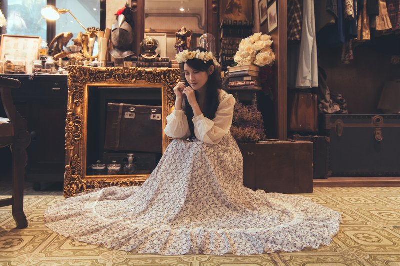 料質Fabric 古董婚紗 1970年 gunne sax 碎花 淺藍 波西米亞風格 - 洋裝/連身裙 - 其他人造纖維 白色
