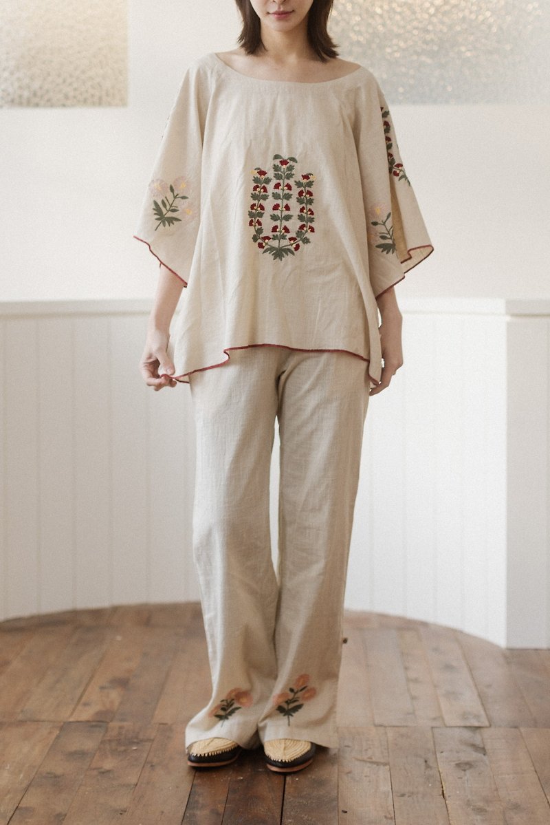 Embroidered floral back elastic slit pants_off-white - กางเกงขายาว - ผ้าฝ้าย/ผ้าลินิน ขาว