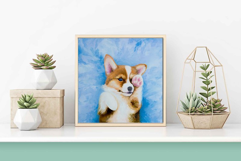Original Corgi Oil Dog Painting On Canvas Dog Nursery Decor Wall Hanging Art - 牆貼/牆身裝飾 - 亞麻 橘色