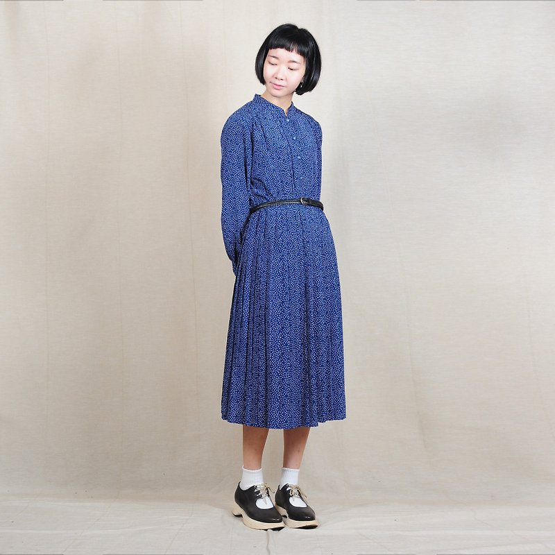 [Eggs] indigo plant snow vintage print vintage pleated dress - One Piece Dresses - Polyester Blue
