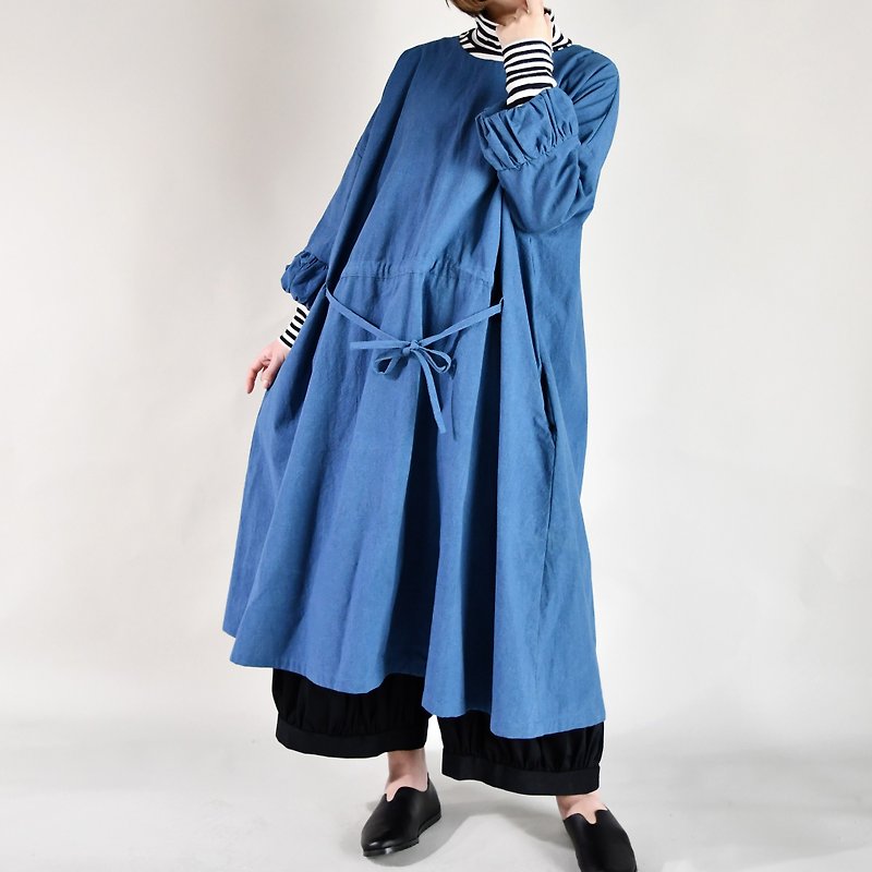 Autumn and winter round neck open-open dress indigo - One Piece Dresses - Cotton & Hemp Blue