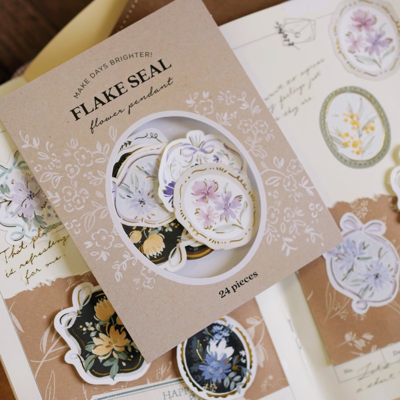 Flake Seal Sticker - flower pendant - สติกเกอร์ - กระดาษ สีกากี