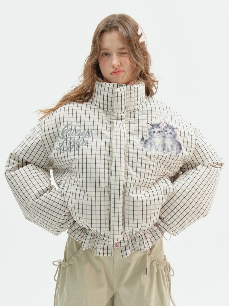 ziziFei秋冬美式復古設計感短款加厚貓咪抽繩白色格子棉衣棉服女 - 女上衣/長袖上衣 - 其他材質 白色
