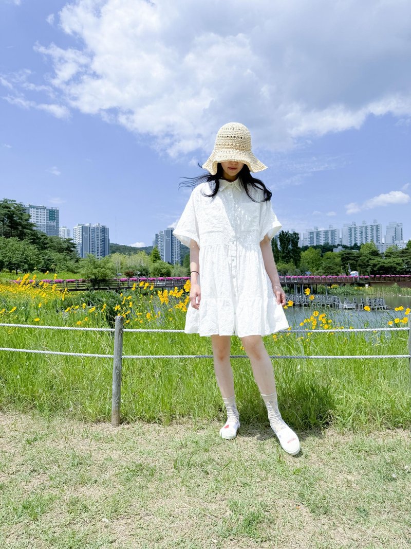 Eyelet Dress - 洋裝/連身裙 - 棉．麻 白色