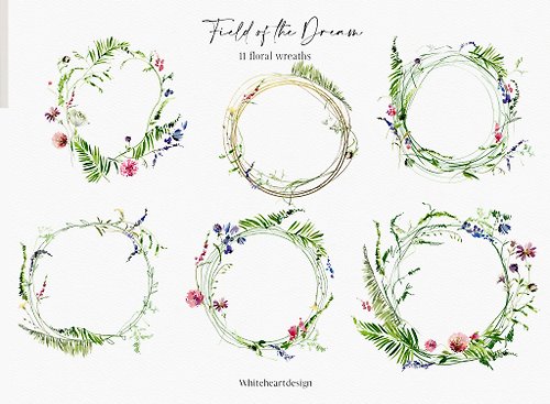 Whiteheartdesign Greenery Watercolor Wreath Floral Clipart Green Tropic Leaves & Wild Flowers