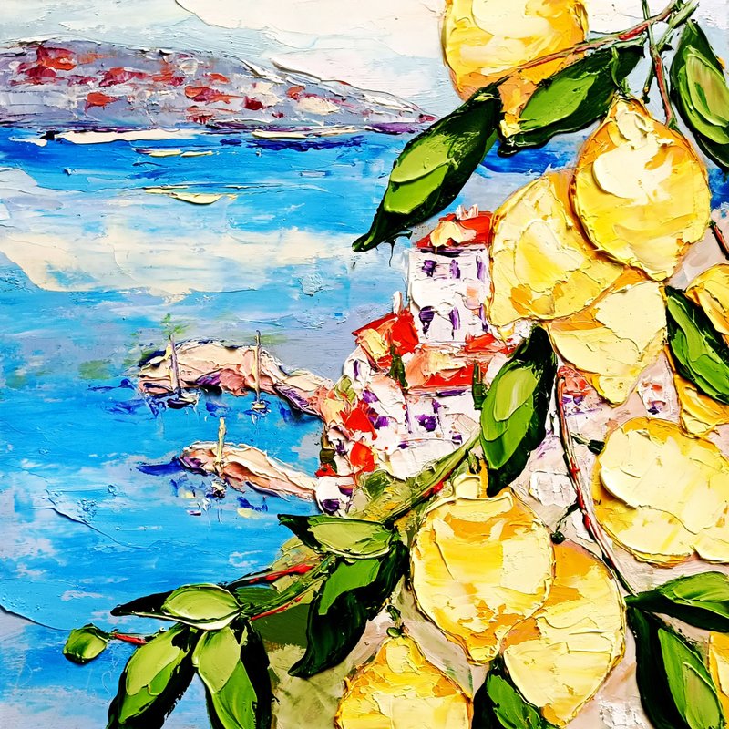 Amalfi Italy Painting Sorrento Fruit Original Art 10x10 Coast Impasto Art - ตกแต่งผนัง - วัสดุอื่นๆ สีเหลือง