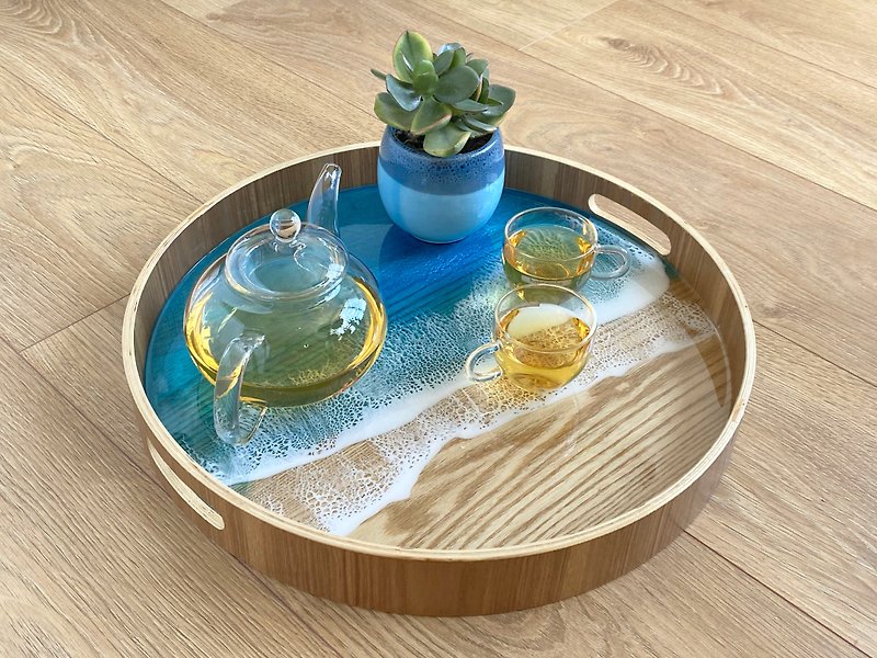 Wood Serving Tray with Handle, Blue Ocean, Wedding Gift, Home Gift - 盤子/餐盤 - 木頭 藍色