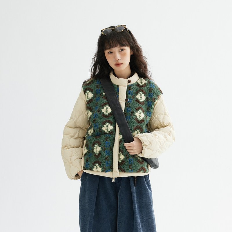羊羔毛撞色拼接羽絨服|外套|冬款|Sora-1712 - 女大衣/外套 - 其他人造纖維 綠色