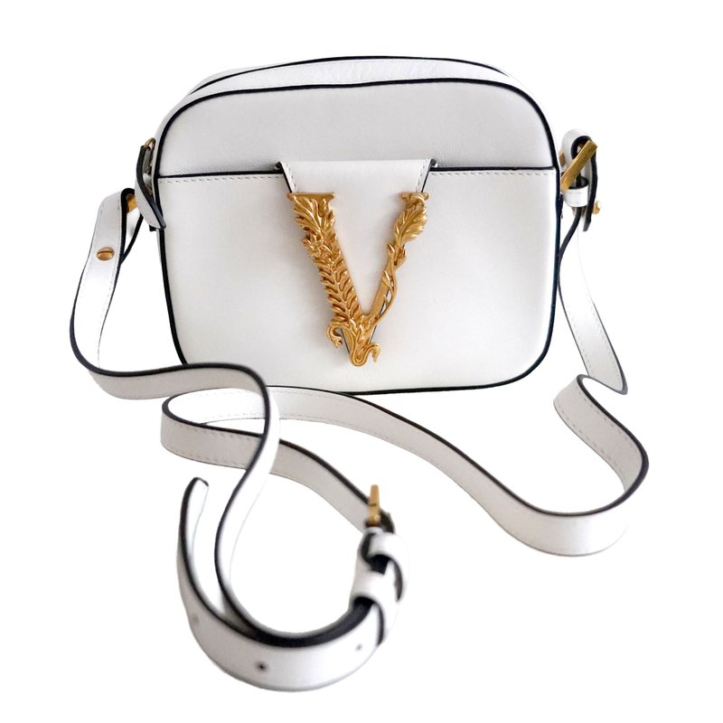 意大利奢侈名牌 VERSACE 白色真皮斜挎包配金色V字LOGO - 手提包/手提袋 - 真皮 白色