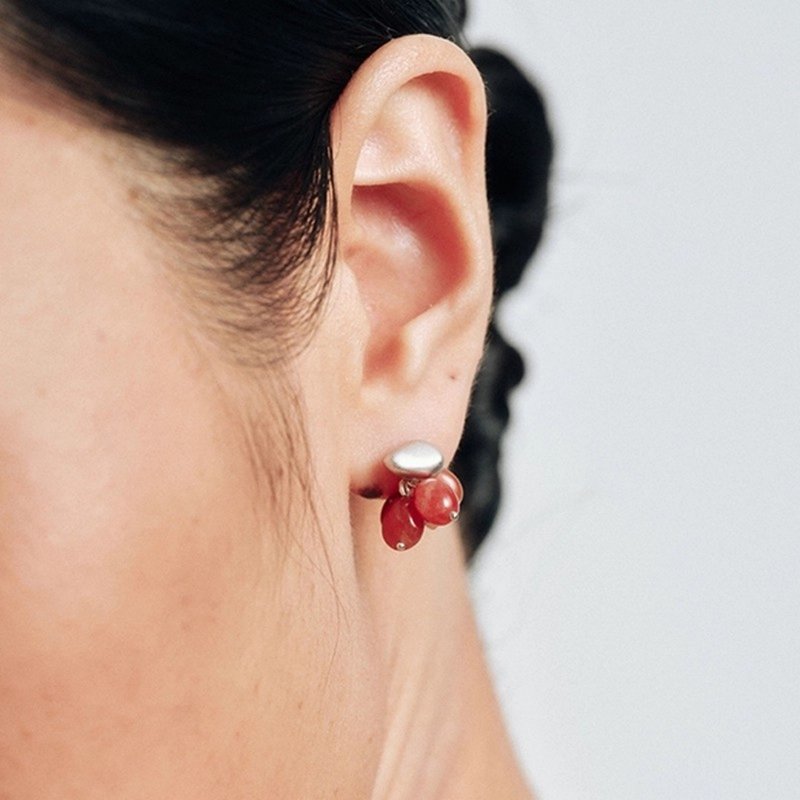 熟成的詩 霧面純銀鑲嵌南紅瑪瑙耳環 天然石 手作飾品 復古果實造 - 耳環/耳夾 - 寶石 紅色