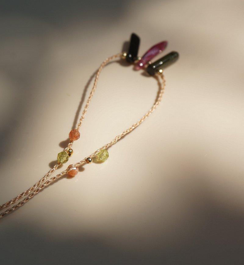 | MC | Wax Thread Woven Natural Tourmaline Rough Stone Rainbow Necklace Clavicle Chain - สร้อยคอ - เครื่องเพชรพลอย 